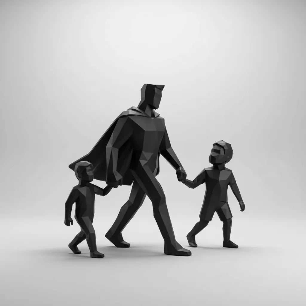 Escultura Low Poly Super Pai Herói Com 2 Filhos Geométrico